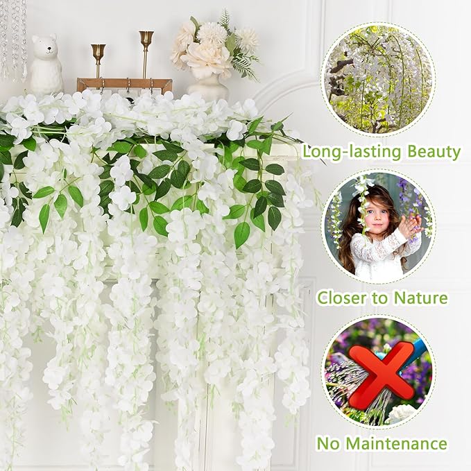 Yastouay 38 Pcs Wisteria Hanging Flowers, 3.77 Ft/Pcs Artificial Hanging Flowers, White Fake Wisteria for Wedding Party Ceremony Backdrop Home Decoration