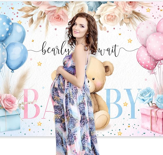 Riyidecor Bear Gender Reveal Backdrop Polyester Fabric We Can Bearly Wait Boho Floral Pampas Grass Rose Flowers 7Wx5H Feet Balloon Baby Shower Photography Background He or She Photo Studio Shoot