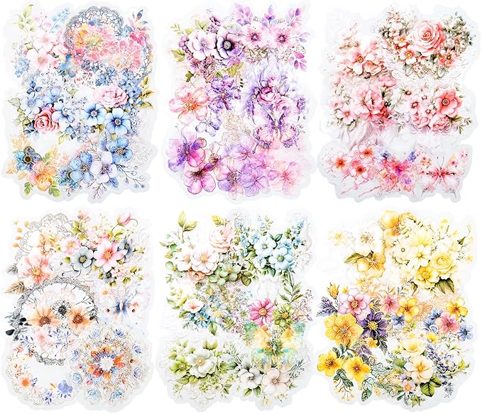 Floral PET Sticker Set, 60PCS Transparent Butterfly, Lace, and Flower Stickers for Scrapbooking, Journaling, Planners and DIY Crafts