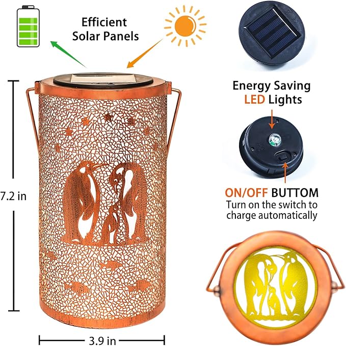 Christmas Gifts for Women Penguin Solar Lanterns Outdoor Waterproof Hanging Solar Lights Penguin Gifts for Women Men Metal Decorative LED Lanterns for Garden Decor,Yard,Patio,Lawn,Tabletop,Pathway
