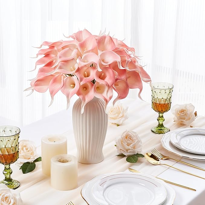 24 Pcs Pink Artificial Calla Lily Flowers Fake Pink Silk Flowers Real Touch for Wedding Bouquet Office Home Kitchen Decor
