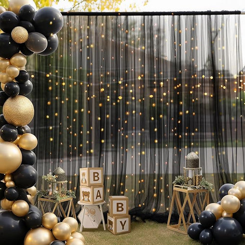 10ft x 8ft Black Backdrop Curtain with Lights String for Parties, Sheer Tulle Wedding Photo Backdrops Drapes for Baby Shower Birthday Party Decorations Background for Photography