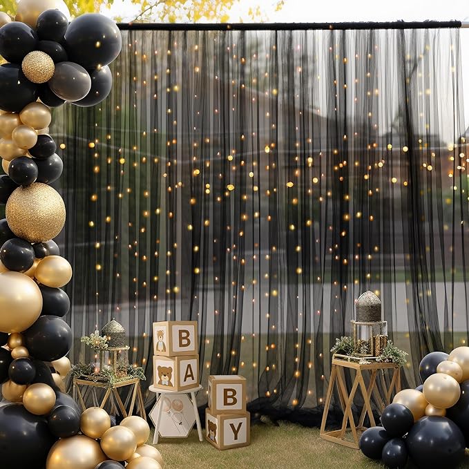 10ft x 10ft Black Backdrop Curtain with Lights String for Parties, Sheer Tulle Wedding Photo Backdrops Drapes for Baby Shower Birthday Party Decorations Background for Photography
