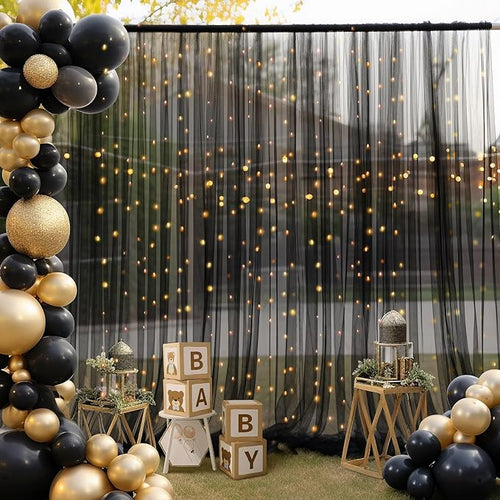 10ft x 10ft Black Backdrop Curtain with Lights String for Parties, Sheer Tulle Wedding Photo Backdrops Drapes for Baby Shower Birthday Party Decorations Background for Photography