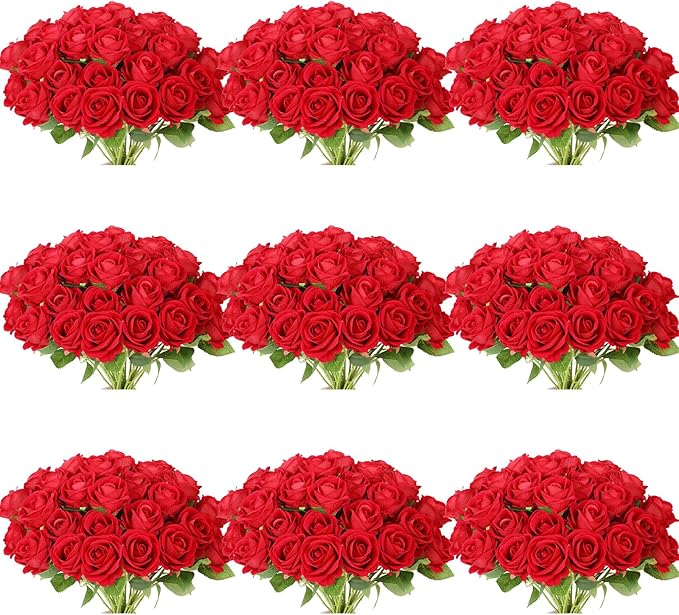 102 PCS Red Roses Artificial Flowers, Fake Red Rose Bouquet, Artificial Silk Red Roses with Stems for Wedding Flowers Decoration, Valentines Day Mothers Day, Bridal Bouquet Roses