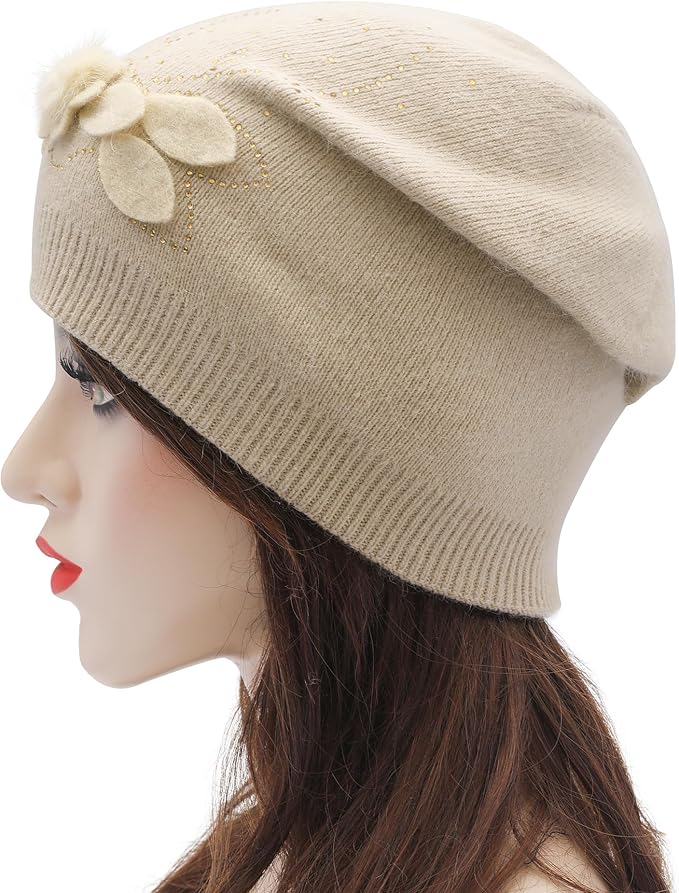 ZLYC Women Floral Slouchy Beanie Hat Double Layer Winter Knit Skull Cap