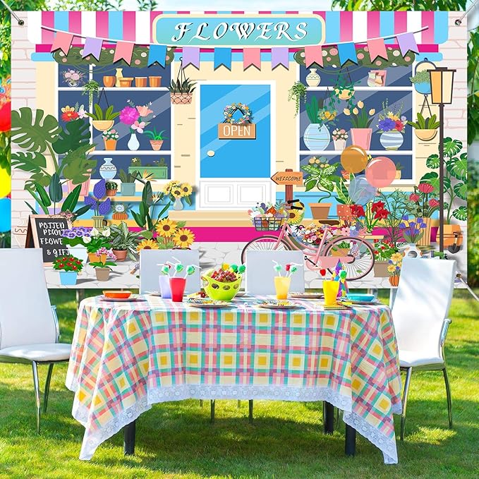 HANYING Cartoon Flowers Shop Backdrop Girl Birthday Baby Shower Party Decor Floral Pot Plants Gardening Tools Photography Background Gifts Florists Booth Banner Photo Booth Studio Props 7x5ft DX02YD