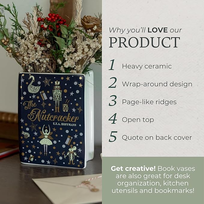 Steel Mill & Co Original Small Book-Shaped Decorative Vase, Ceramic Vases for Festive Home Decor, Cute Christmas Bookshelf Decor, Unique Vase for Book Lovers, Nutcracker