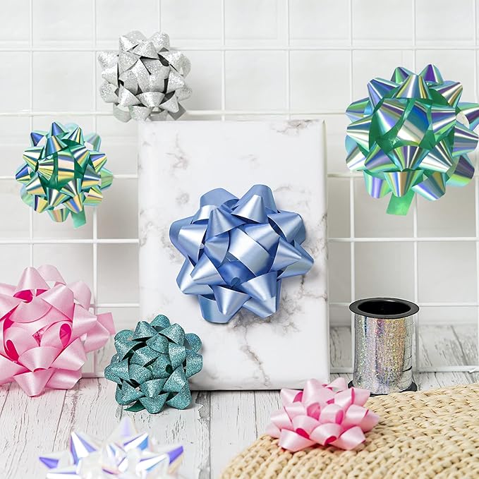WRAPAHOLIC 14 Pcs Gift Bows Assortment - 12 Multi Colored Assorted Size Gift Bows (Silver, Green, White, Pink, Blue) and 2 Crimped Curling Ribbons, Perfect for Christmas, Holiday, Party