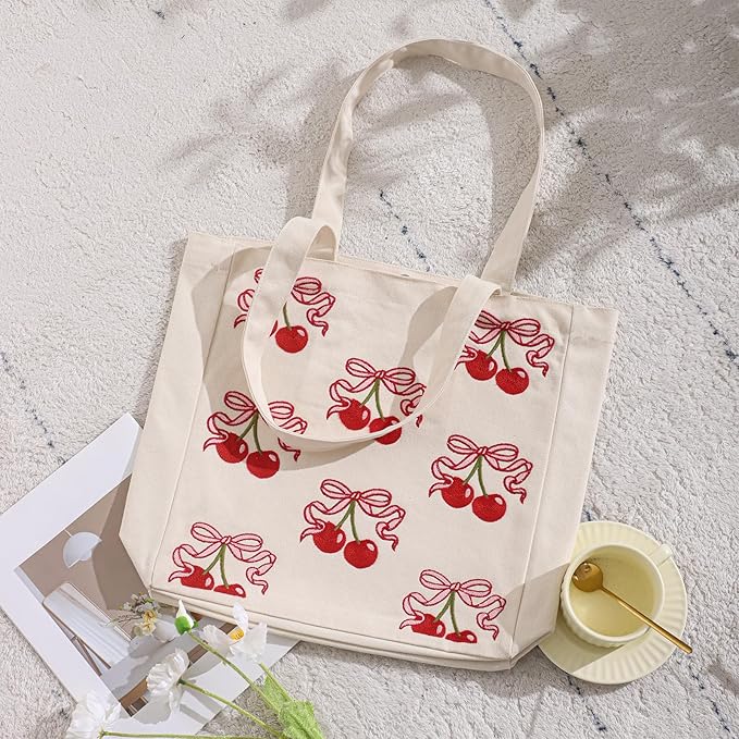 Aesthetic Embroidery Tote Bag for Lady Cute Reusable Canvas Shoulder Bag for Girls Women Shopping Grocery