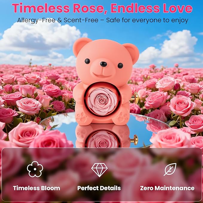 Cute Teddy Bear with Preserved Rose - A Real Rose Flower in Bear with Elegant Gift Box Romantic Gift for Mother's Day, Weddings, Anniversaries, Bridal (Pink)