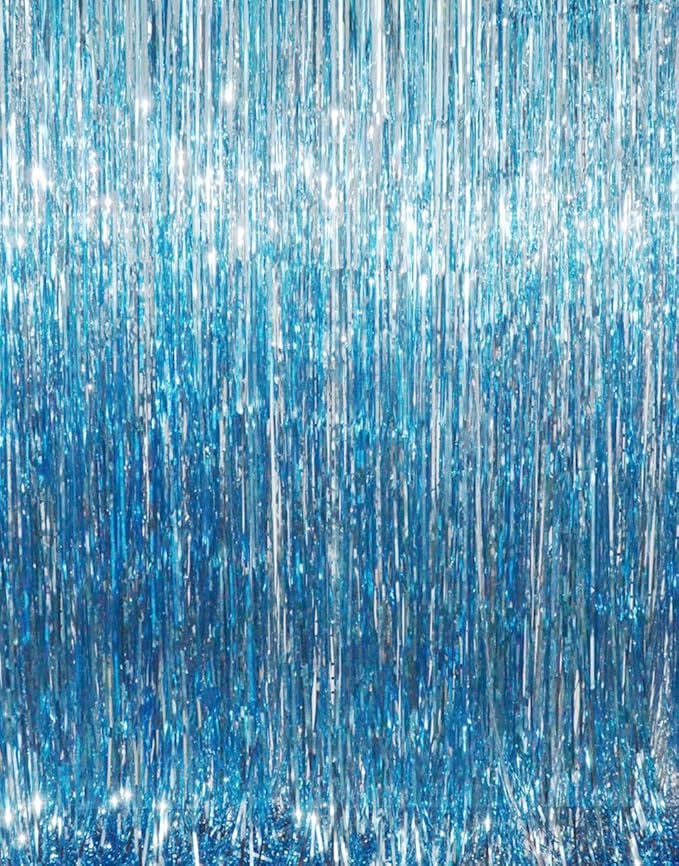 GOER 3.2 ft x 8.2 ft Metallic Tinsel Foil Fringe Curtains Party Photo Backdrop Party Streamers for Birthday,Graduation,New Year Eve Decorations Wedding Decor (Light Blue,3 pcs)