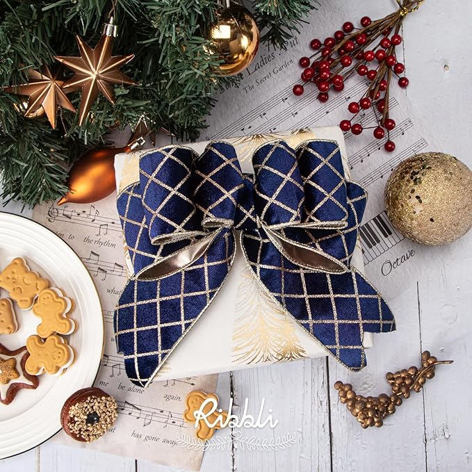 Ribbli Navy Blue Velvet Ribbon Wired with Glitter Diamond Grid 2-1/2 Inch Christmas Ribbon for Christmas Tree Decoration Big Bow Gift Wrapping Crafts Wreaths Garland Supplies - 10 Yards