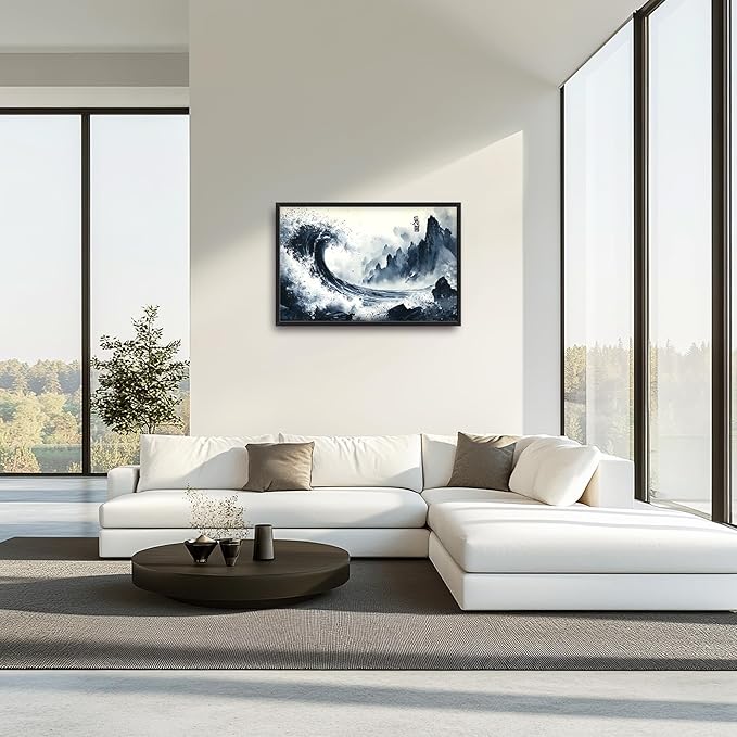 Mountain Wave Large Wall Art Framed Chinese Wall Decor for Living Room Waves Pictures Oversized Canvas Print Painting Modern Extra Large Framed Artwork for Bedroom Office Home Decor 36"x24"