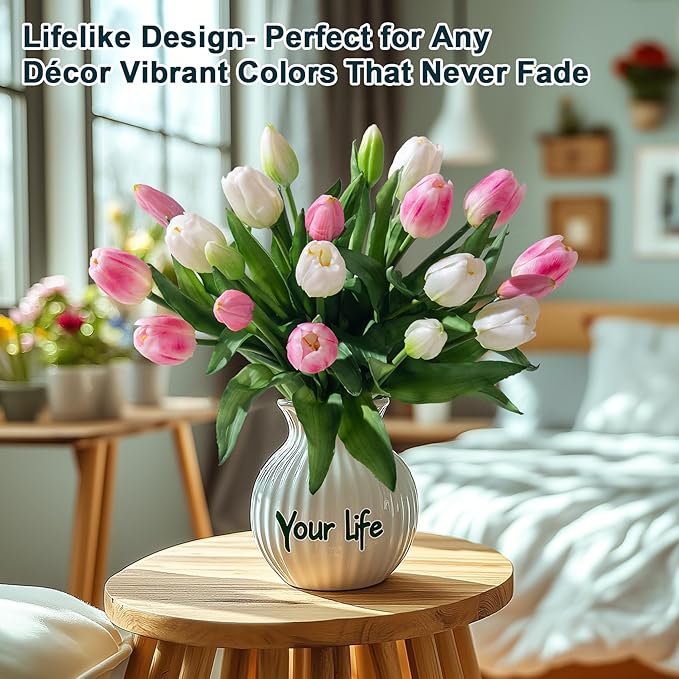 20PCS Fake Tulips Artificial Tulip Silk Flowers Fake PU Bouquet Artificial Flowers Faux Flowers with Gift Box Soft Faux Tulips Bouquets Arrangements for Party Wedding Home