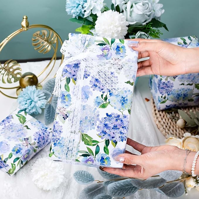 MAYPLUSS Floral Gift Wrapping Paper Roll - Watercolor Blue Hydrangea Design Floral Gift Wrap Paper for Wedding, Bridal Shower, Mother’s Day, Valentine's Day, Birthday, Anniversay (17 Inch X 33Feet)