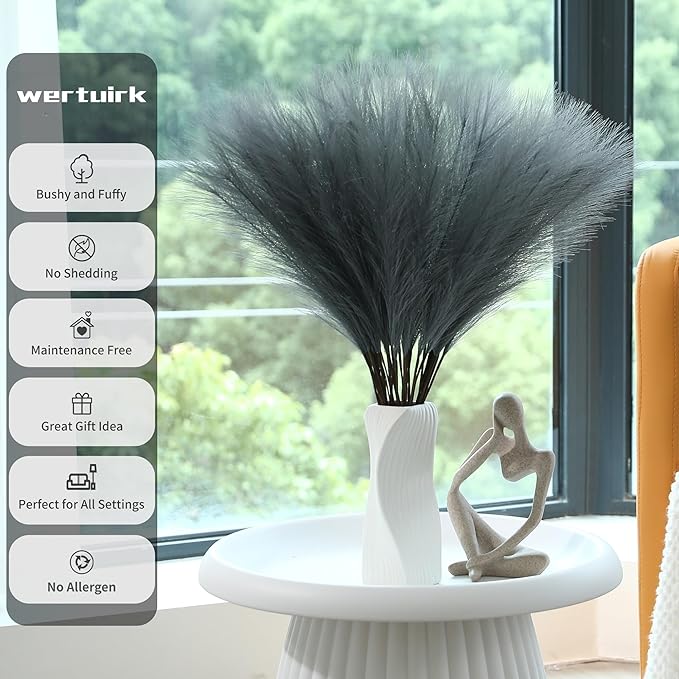 60pcs Grey Pampas Grass Decor - 24 Inch Long Faux Pampas Grass Decor, Artificial Pampas Feather for Vase Filler, Wedding, Party, Office and Home Decor (Grey)