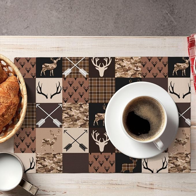 Vintage Camouflage Bear Moose Place Mats Set of 6 Pine Tree Wild Animal Kitchen Dining Table Mat for Indoor Outdoor Decorations 12 X 18 Inch 6 PCS, Style-21