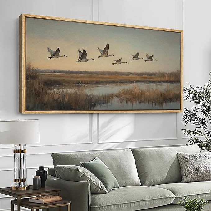 SIGNFORD Extra Large Framed Canvas Print Wall Art Flying Cranes Over Wetlands Vintage Nature Bird Scene Illustrations Modern Art Relax/Calm Warm for Living Room, Bedroom, Office - 60"x30"