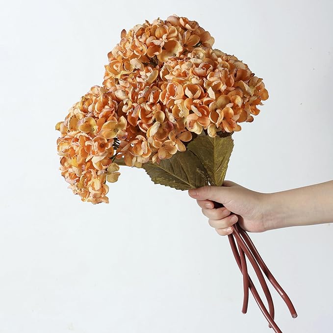 Fall Artificial Dried Hydrangea Flowers, Vintage Orange Dried Look, Faux Fall Flowers, Single Stem (Orange, 4pcs)