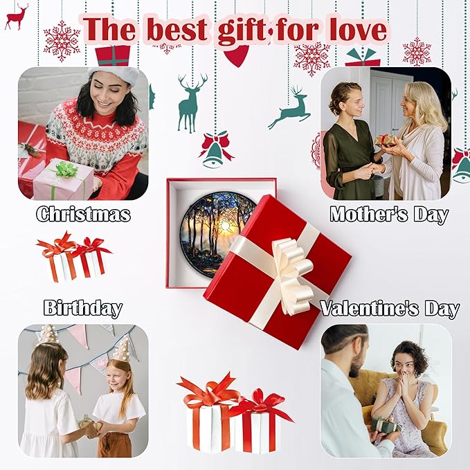 Stained Glass Window Hanging, Forest Sunrise Smoke Blue Brown Tree Suncatcher for Doors Window Home Landscape Sun Catchers Decor Mother's Day Birthday Gifts for Women, Men Mom 15 in