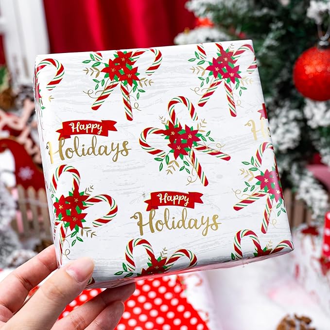 MAYPLUSS Christmas Wrapping Paper Roll - 17 Inch X 33 Feet - Christmas Holly Candy Cane Reversible Polka Dot Gift Wrapping Paper, Thick Wrap Paper for Holiday Party New Year Kids