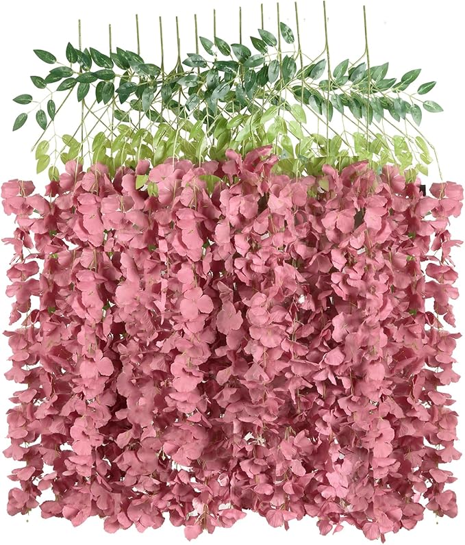 12PCS Artificial Wisteria Hanging Flowers 3.6ft Dusty Pink Fake Hanging Flowers Garland Silk Flowers Rattan String Faux Wisteria Vine for Garden Home Wedding Arch Decoration (Dusty Pink)