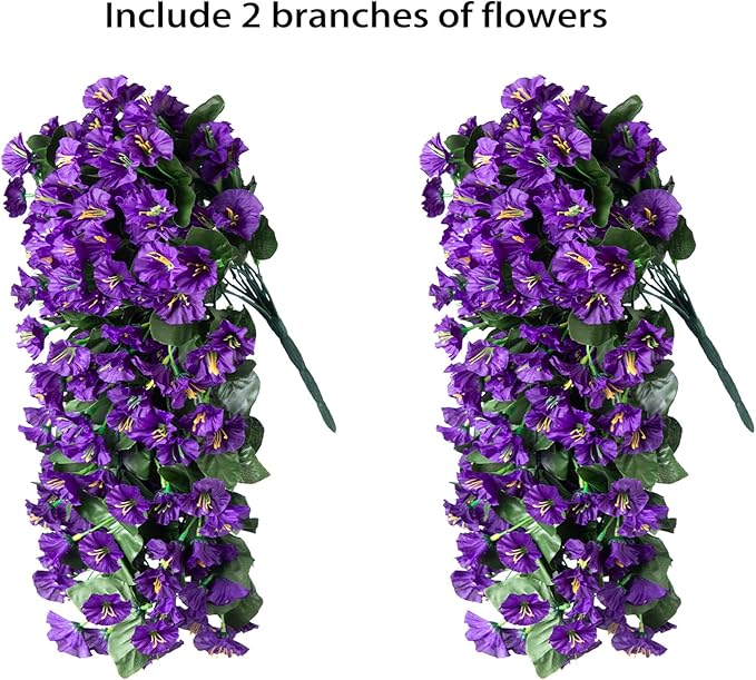 Artificial Faux Hanging Flowers Plants for Outdoor Outside Summer Decoration, 2 PCS Fake Silk Purple Morning Glory Trailing Vines UV Resistant Realistic for Porch Patio Balcony Planter