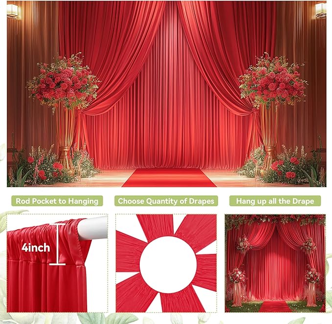 PartyVillage 10ft×15ft ChrismasRed Backdrop Curtain for Wedding Parties, 2 Panels Wrinkle Free 15 FT Long Polyester Photo Backdrop Drapes Back Drop Cloth for Birthday Photography Background