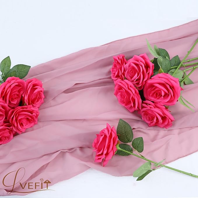 30pcs Artificial Rose Flower Hot Pink Rose Flower with Long Stem Silk Roses Bouquet for Wedding Bridal Shower Party Home Decoration