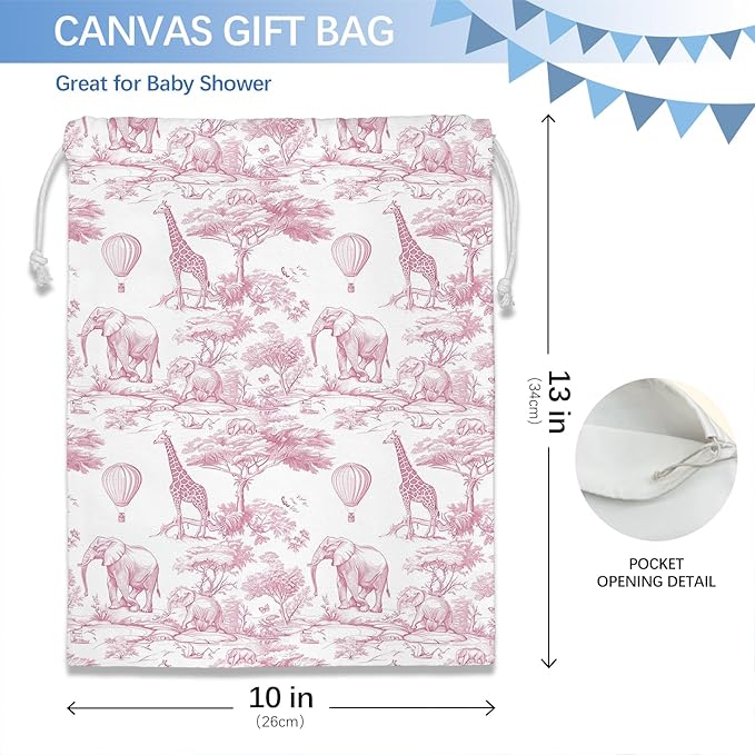 DSHFG Light Pink Drawstring Birthday Gift Bags, Safari Toile Chinoiserie Animals Baby Shower Drawstring Gift Bags Canvas, Pink and White Small Happy Birthday Bag, Gifts for Women, 10x13 Inch