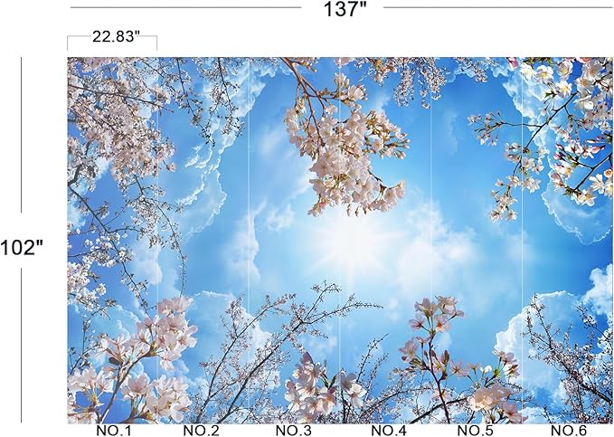 Eierme-NPink Cherry Blossoms and Blue Sky and White Clouds Ceiling Peel and Stick 137" x 102"