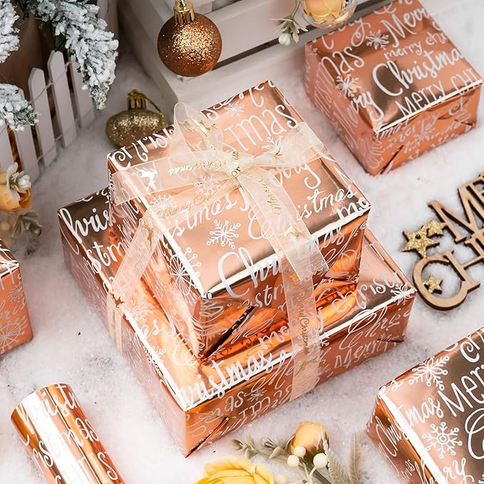 MAYPLUSS Foil Christmas Wrapping Paper - 17 Inch X 33 Feet - Girly Rose Gold MERRY CHRISTMAS Script and Snowflake Girl Winter Gift Wrap Present Paper Roll for Christmas, Holiday, Festive Decoration