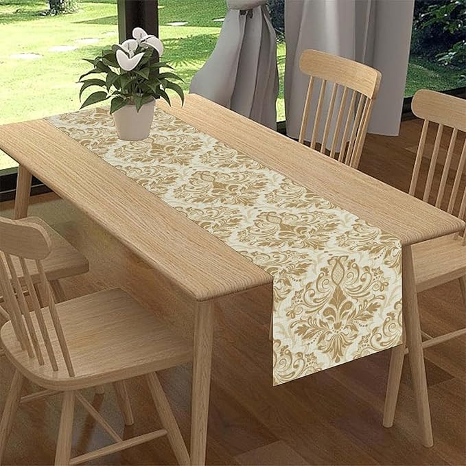 Golden Damask Table Runner, Luxury Antique White Gold Bohemian Exotic Flower Cafe Table Center Decor for Home Kitchen Dining Patio Holiday Party Indoor Outdoor Table Decorations 13x90 inch