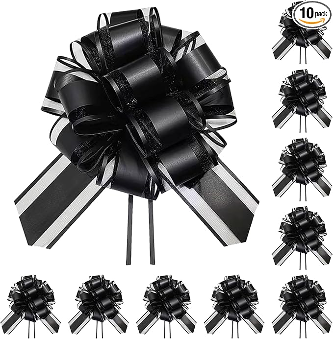 10-Pack Jet Black Pull Bows for Gift Wrapping - 6 Inch Reusable Ribbon Bows, Large Instant Floral Decor Bows for Wedding, Christmas, Birthday Decor, Gift Basket & Party Decorations