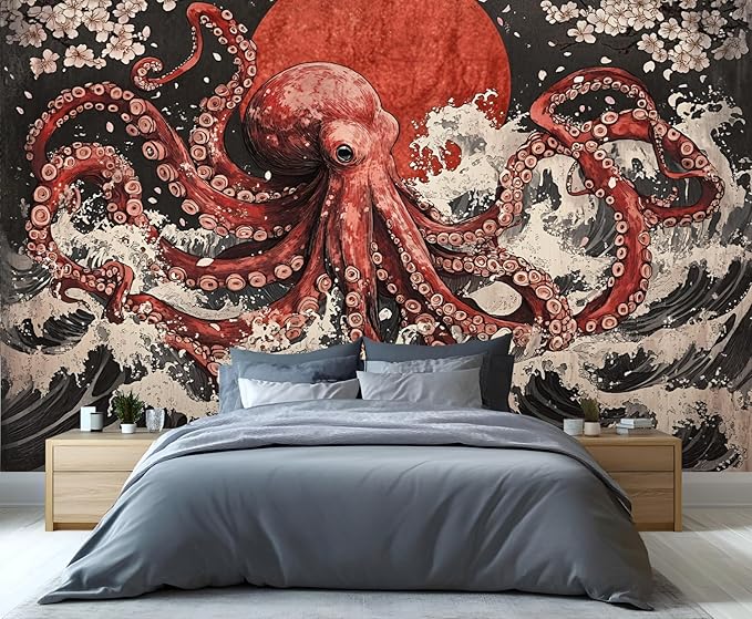 Japanese Wave Octopus Wall Mural, Japanese Traditional 3D Wall Murals, Ocean and Octopus Wallpaper Mural, for Living Room Bedroom Large Wallpaper Indoor Decor 169.3" W x118.2 H