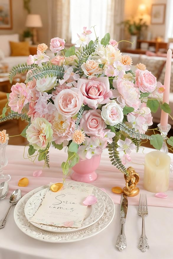 Artificial Flowers, Light Pink Silk Fake Flowers for DIY Wedding Bridal Bouquets, Wedding Cake Flowers for Table Centerpieces Baby Shower Birthday Party Home Decorations