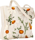 Aesthetic Embroidery Tote Bag for Women - Reusable Canvas Cute Shoulder Bag for Shopping, Grocery, Work, Book