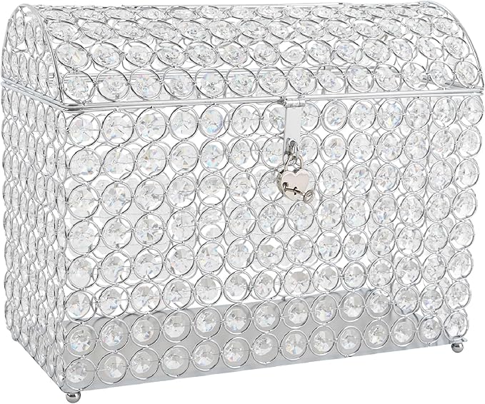 Crystal Wedding Card Box With Heart Lock Silver Treasure Chest Money Card Box Gift Decorative Memory Box for Wedding Birthday Graduation Party Decoration