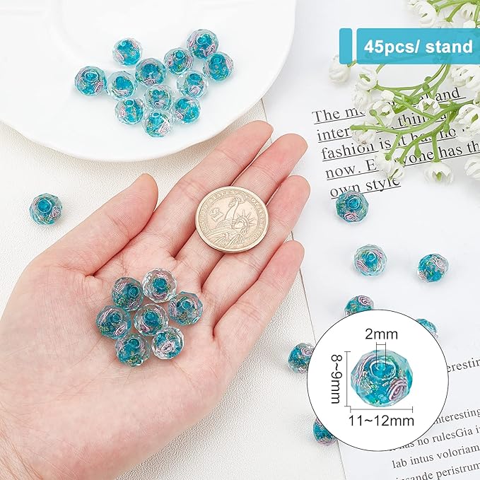 PH PandaHall 45pcs 9~12mm Gold Sand Lampwork Beads Glass Handmade Round Loose Beads for Rosary Making Jewelry Craft Making with 2mm Hole - Dodger Blue