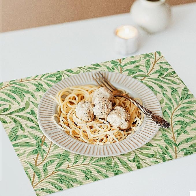 William Morris Vintage Botanical Placemats Set of 4, Retro Leaves Boho Plant Place Mats, Heat Resistant Non Slip Cotton Linen Dining Table Mats for Home Kitchen Party 18x12 Inch