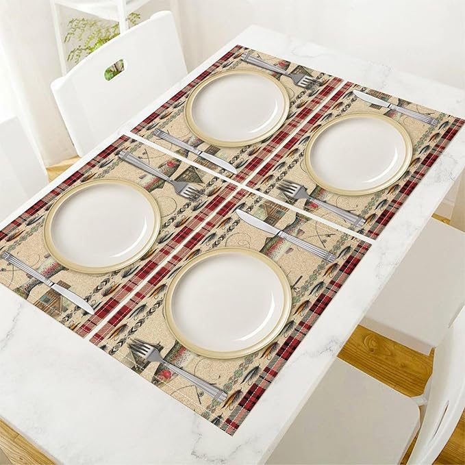 Rustic Cabin Bear Placemats Fishing Rods Lure Southwestern Check Plaid Red Art Printed Dining Table Mats Set of 4 for Home Kitchen Holiday Picnic Party Decor 12x18in