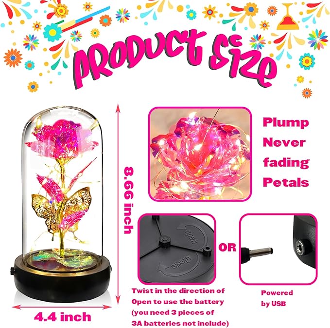 Birthday Rose Flower Gifts for Women, Glass Flower Gift for Mom from Daughter Son, Pink Light Up Rose in Glass Dome with Music Box for Her Wife Grandma