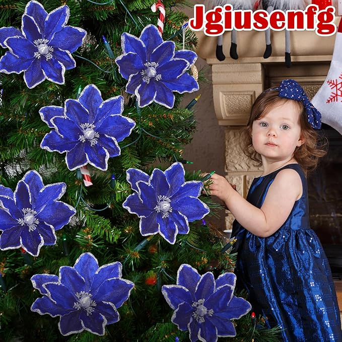8 Pcs Large Christmas Flower Magnolia Flowers Christmas Tree Decoration Artificial Poinsettia Stems Velvet Xmas Ornaments for Xmas Tree Table Decor(Blue,12 Inch)