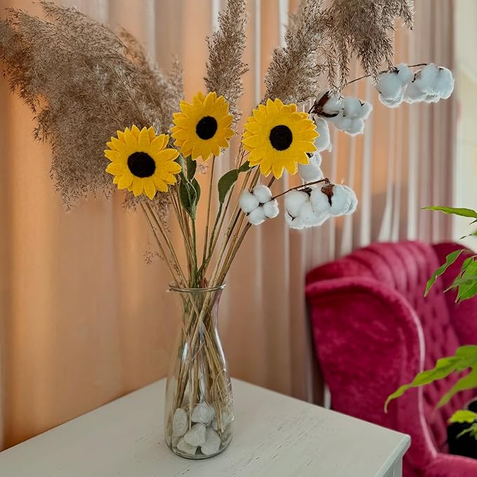 Glaciart One Felt Sunflowers Artificial Bouquet - 3 pcs | Reusable, Washable and Essential Oil Ready Yellow Artificial Flowers w/Bendable Long Wire Stems |Great Gift or Home/Event Decorations
