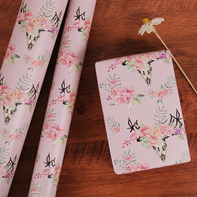 Aimyoo Pink Skull Floral Kraft Wrapping Paper Jumbo Roll, Gothic Gift Wrap Paper for Birthday Bridal Shower 17 in x 60 ft