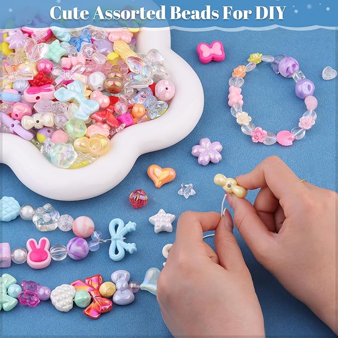 Assorted 200-260PCS Mixed Colors Acrylic Beads for Bracelet Making, Flower Bow GummyBear Bracelet Charms,Cute Beads for Jewelry Making DIY Necklace Keychain Phone Charm Christmas Gift