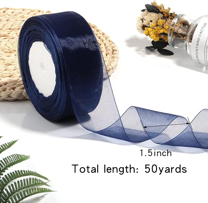 1.5 inch Sheer Organza Ribbon Navy Blue Chiffon Ribbon for Gift Wrapping Christmas Halloween Decoration Wedding Bouquet Crafts 50 Yards