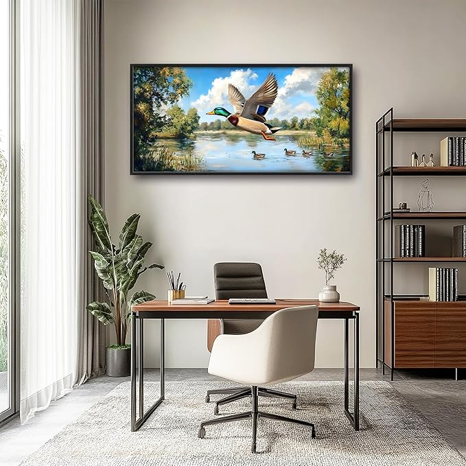 Farmhouse Duck Large Wall Art Framed Rustic Wall Decor for Living Room Lake Duck Hunting Pictures Oversized Canvas Print Painting Modern Extra Large Framed Artwork for Bedroom Office 60"x30"