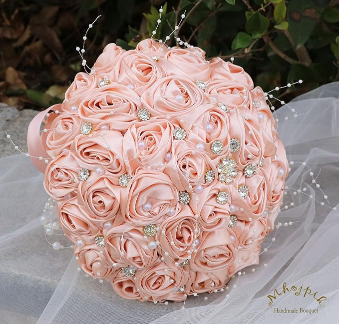 Bridal Wedding Bouquet Round Bling Brooch Bouquet Throw Toss Artificial Rose Flower Bunch for Bride Bridesmaid Wedding Quinceanera(Peach Pink, 7.5")